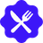 The Food Spot badge, a violet rosette with a white knife and fork
