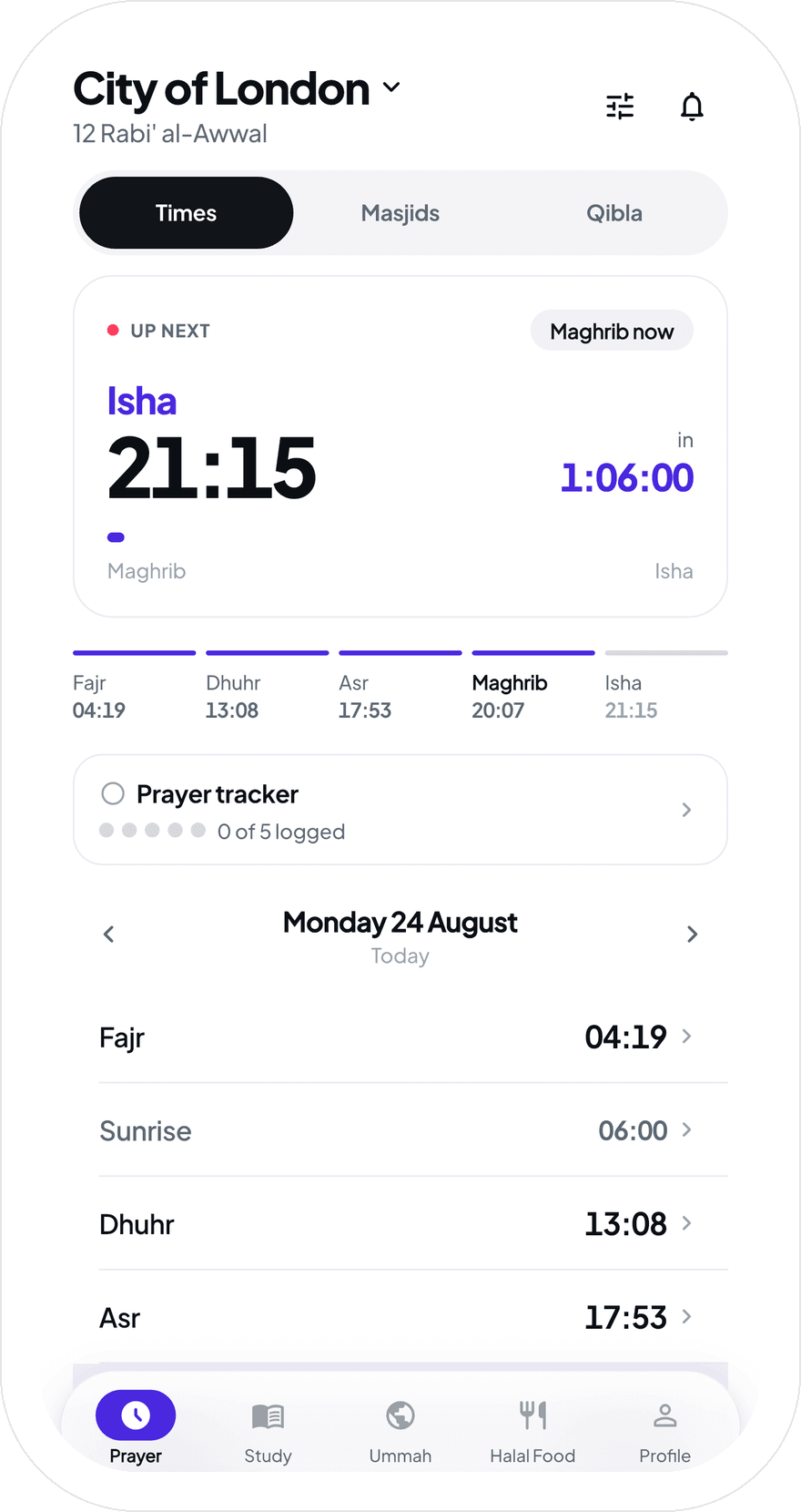 The Ya Habibi prayer screen, the next prayer with a countdown