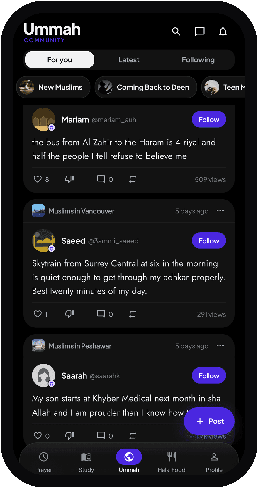 The Ummah feed in dark mode, with circles and community posts